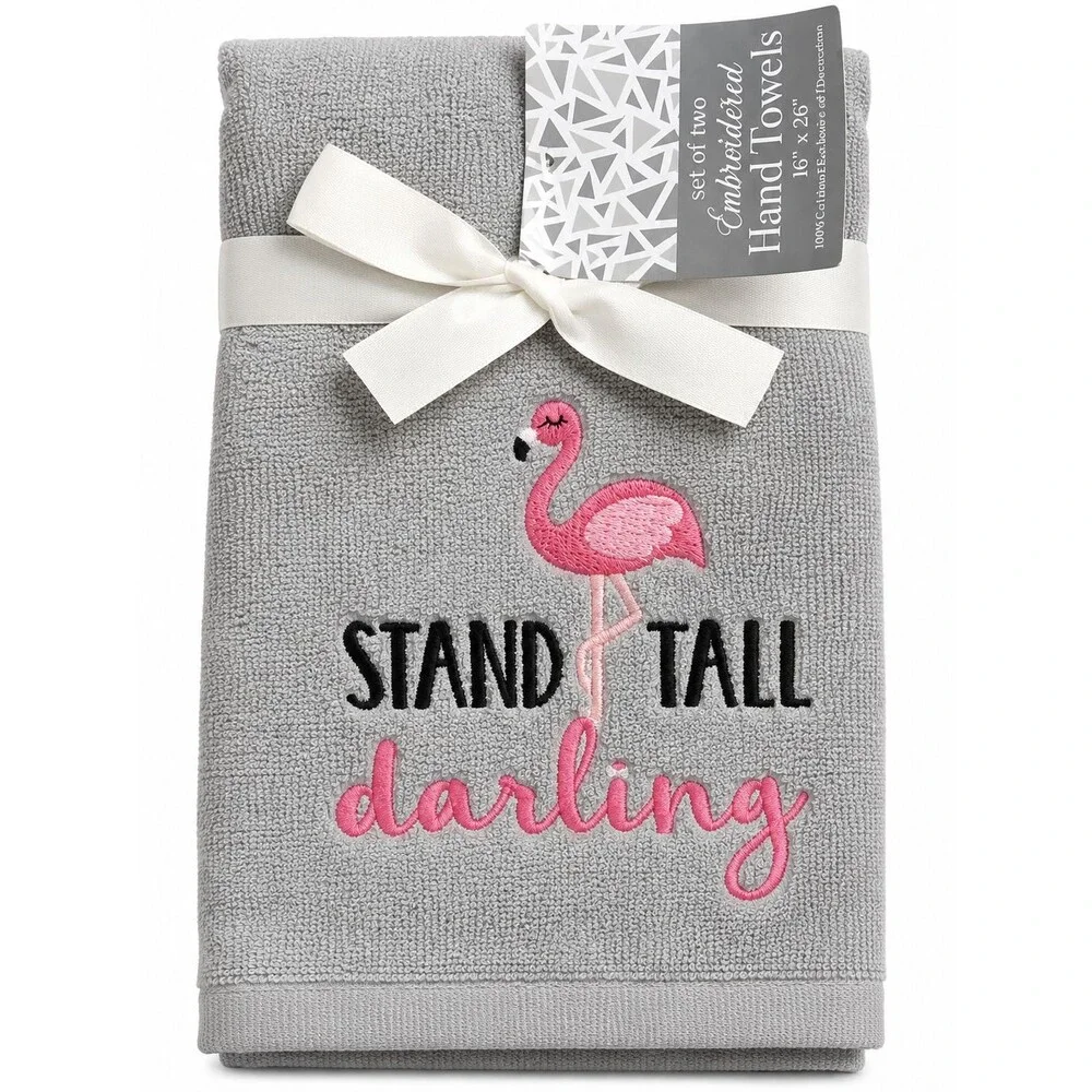 Flamingo Hand Towels Set of 2 Stand Tall Darling Embroidered Gray Pink Bathroom